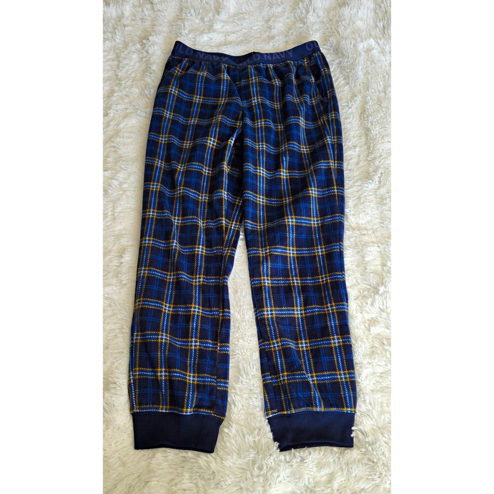 Old Navy Boys Pajama Pants L 10-12 Blue Yellow Plaid Fleece Flame Resistant